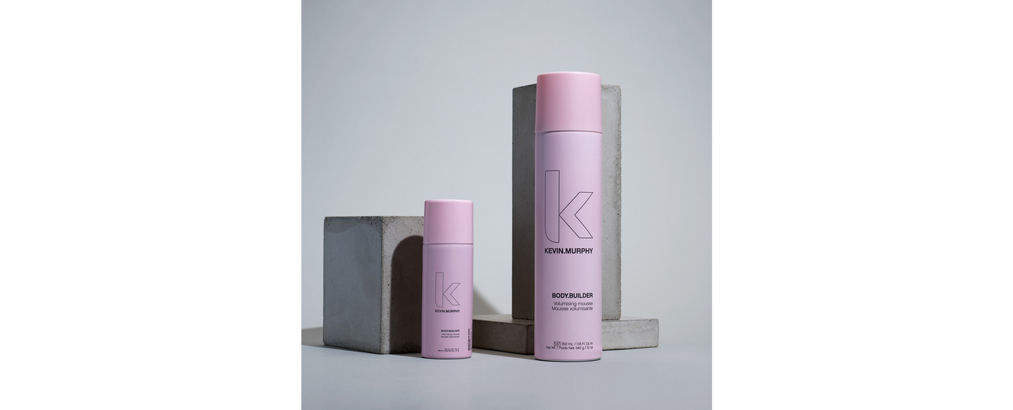 BODY.BUILDER volumizing mousse on a minimalist background.